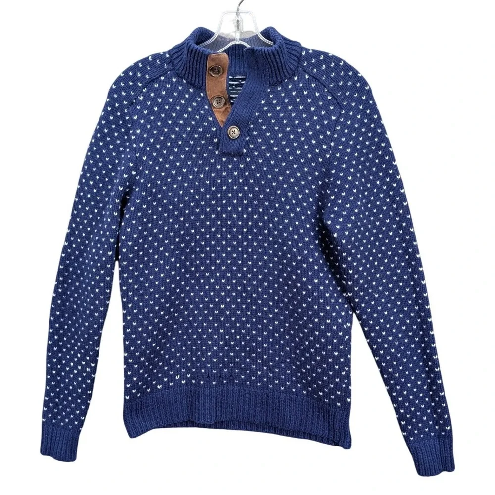 Blue Birdseye Cashmere Sweater Men's Sz S Buttons Mock Neck Pullover Knit Preppy